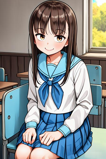 1girl, classroom, cowboy shot, sitting, smile, 
yuzuki_kaede, brown eyes, brown hair, long hair, school uniform, serafuku, white shirt, blue skirt, pleated skirt, <lora:yuzuki_kaede_lora_ver1:0.7>, best quality, masterpiece, highres, <lora:GoodHands-vanilla:1>