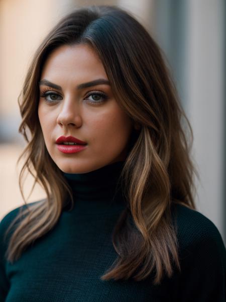 Realistic photo of a beautiful m1l4k-v2 woman,  1girl, solo, long hair, looking at viewer, indoor background, brown hair,  turtleneck sweater, jewelry, necklace, lips, makeup, blue background, lipstick, v arms, realistic, soft lighting, professional Photography, Photorealistic, detailed, RAW, analog, sharp focus, 8k, HD, DSLR, high quality, Fujifilm XT3, film grain, masterpiece<lora:m1l4k-v2:1.0>