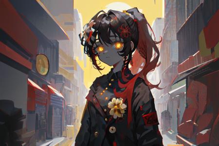 <lora:beni:1>, beni, solo, 1girl, (black_hair), high_ponytail, red_flower_hair_ornament, yellow_pupils, (+_+)