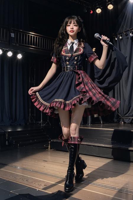 realistic, photorealistic, masterpiece, incredibly absurdres, extremely detailed, best quality, idol_costume, knee boots, 1girl, solo, idol, full body, long black hair, twintails, standing, stage in the backgorund, stage lighting, stage spotlight, detailed background, audience, holding microphone, singing, <lora:idol_costume_style5_v1:0.7>