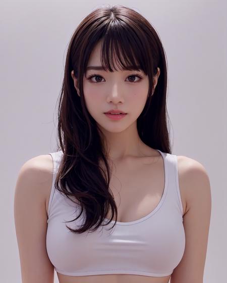 best quality, RAW, detailed, photorealistic, 8k, high res, 1girl, woman, (portrait:0.6), gorgeous, ((whitebackground:2.5)), ((white sleeveless tshirt:2, smallsize round breast:1.5)),  (head straight-looking at viewer:2.2), (1girl eyes looking at viewer, short-length straighthair,  blackhair, bangs:1.65), photorealistic, (bokeh), (closed mouth:1.3), gorgeous, pureerosface_v1,  <lora:AVID-saika:0.47> <lora:GRAV-:0.7>