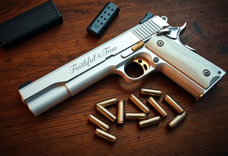 A gun is lying flat on a wooden table, it is a pure white chrome-finished Colt 1911 full-size handgun with "Faithful & True" engraved in elegant font along the slide of the pistol. The grips are beautiful pearl white, and the the gun has gold accents on all the buttons and levers. The pistol is surrounded by spare mags and several extra .45 ACP ammunition rounds littered across the table. View from above, high angle view, cinematic, weapon, indoors, signature, blurry, gun, mirror finish, chrome finish, reflections, beautiful reflections, highly detailed reflections, reflective finish, (((extreme close-up on Gun))), no humans, depth of field, blurry background, handgun, action film style, shallow depth of field, vignette, highly detailed, high budget, bokeh, cinemascope, moody, epic, gorgeous, film grain, grainy