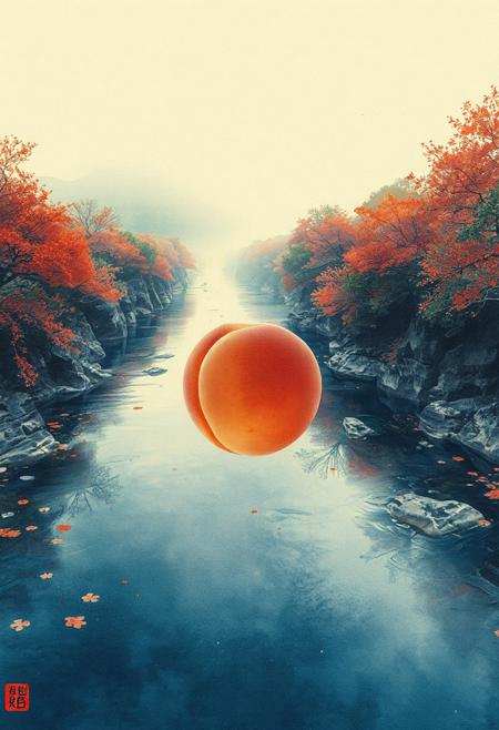 The peach flows backwards down a great river and floats on its surface.
Japanese art style, Japanese ink painting, 
best quality, sharp focus, high contrast, colorful, ultra quality, 8k, best quality,