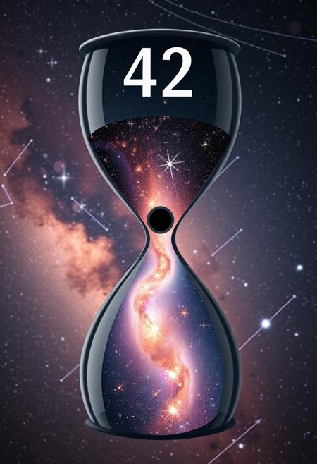 formation of galaxies in an hourglass. The top half contains the number 42, the center contains a blackhole, glowing stars are trickling to the bottom half contains a full galaxy
