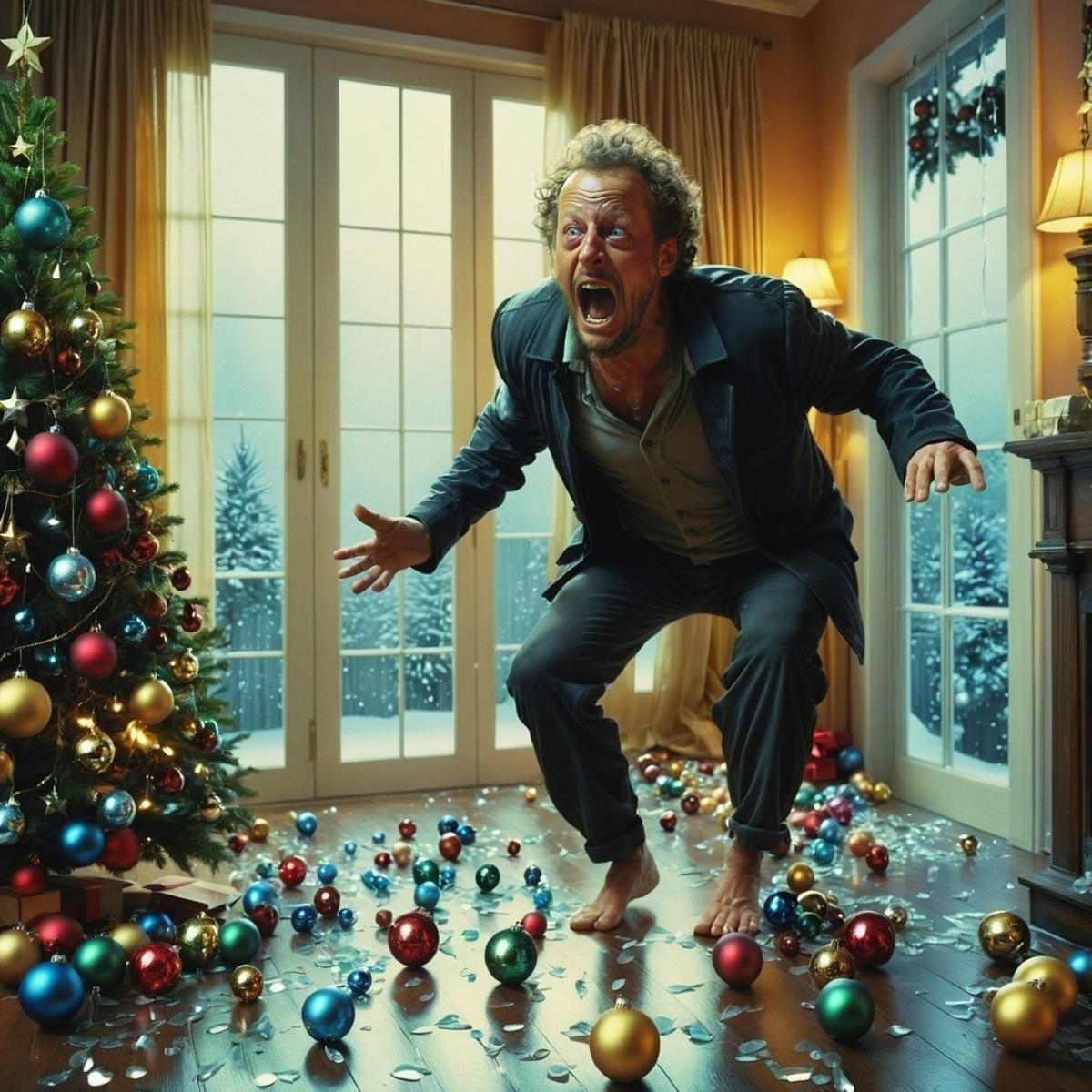 A man in a black jacket and white shirt is standing on a wooden floor, yelling and surrounded by Christmas ornaments.