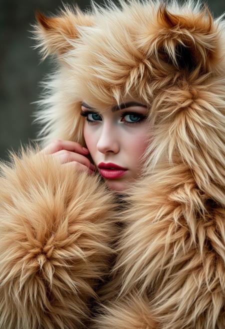 beautiful woman with thick fuzzy fluffy fur all over her body and face