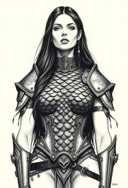 Symmetrical front view of Sevdaliza, beautiful, erotic pose, scale armour, masterful painting in the style of Anders Zorn , Aleksi Briclot, ink on paper