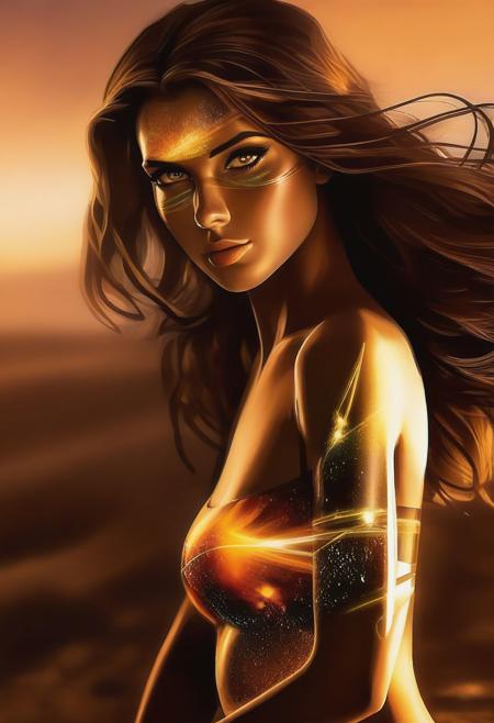 8K. (High quality:1.05), (masterpiece:1.07), (High details and aesthetics face:1.07), "I look at you sensually, showing my powers" A determined realistic adult girl with determined and sensual look, canthal tilt eyes, brown eyes, (thick wavy brown hair flowing until waist in wind:1.07), sensual standing pose, film_theme (she's in a sci-fi galaxy environment, outdoors)