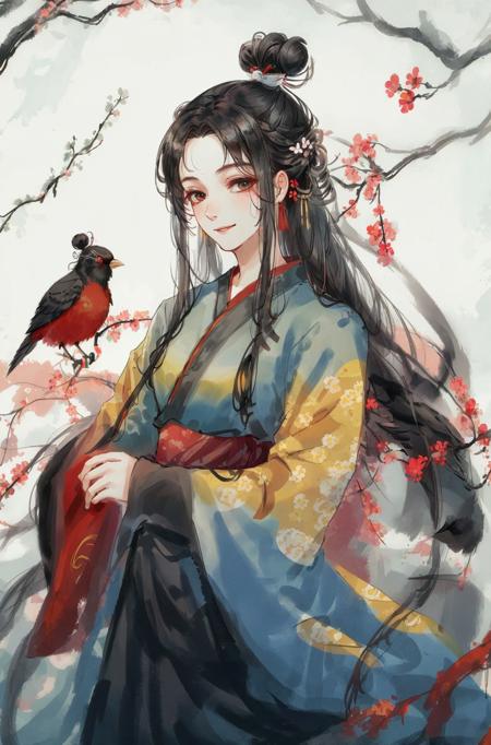 1girl, solo, hair ornament, bird, flower, hair flower, black hair, smile, hair bun, hanfu, bird on shoulder, branch, long sleeves, chinese clothes, animal on shoulder, dress, long hair, see-through    , <lora:guoman:0.8>,