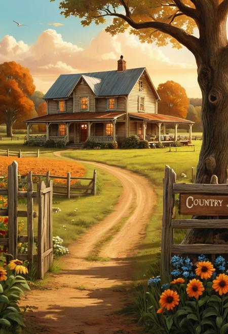 Artistic. Warm tones. Country style.
Closeup of sweet country farm cottage. Text across the sky: "Country Comfort".
<lora:CountryComfort01a_CE_XL_300-OT:0.4> cntrycmfrtCE_style
<lora:TextTitle01a CE XL 300-OT:0.6> texttitle