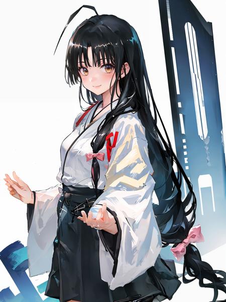 shouhou \(kancolle\), 1girl, solo, japanese clothes, skirt, ahoge, white background, simple background, hakama, hakama skirt, kimono, black skirt, black hakama, blush, smile, wide sleeves, white kimono, cowboy shot, looking at viewer, pleated skirt, ribbon, hakama short skirt, breasts, original, intricate detail, illustration, masterpiece, extremely detailed CG unity 8k wallpaper, highlight, sharpening, dynamic, <lora:Shoho:0.8>,