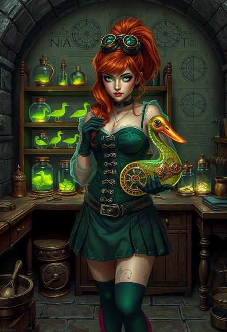 tinker-alchemist building a clockwork duck from copper and brass gears and gogs, alchemy punk and steampunk motif, old, Copper hair, Green eyes,Goth Makeup,Big Round Eyes,Eyelashes, High ponytail, Steampunk goggles, goggles on head, (Alchemy and Tinker shop within a castle, blueprints on walls, tools, workbench, stone walls, wood furniture, druid runes on wall, blueprints on wall, beautiful feminine woman standing in front of a shelf with  specimens of bioluminescent glowing fai creatures in jars, glowing potions in bottles,  and complex objects, magic shop, curvy hourglass figure, long copper colour hair,  transparent sleeves, skirt, translucent shirt, green corset, tool belt, many pockets , muscular thighs, gloves, rainbow thigh high socks, skindentation, pagan, druid, tattoos,Faeothic