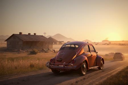 analog gloomy photo of a (dark red) Volkswagen Beetle car, <lora:vwb33tl3:1>, ((three quarter view)), (dark sunset), driving on a dirt road, (dilapidated town), 1969, ((horror movie)), slasher film, texas chainsaw massacre, amish cult, film grain, retro,  High Detail, Sharp focus, ((photorealism)), realistic, best quality, 8k, award winning, dramatic lighting, epic, cinematic, masterpiece, ambient fog:1.4,