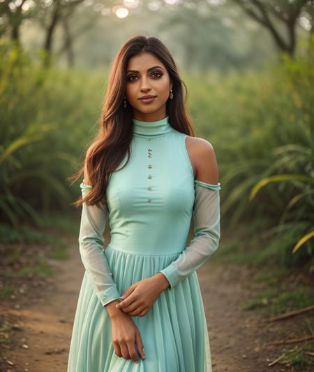 s4ar0m, nature, Spectacular light, Colorful flowering, 8k, soft lighting, high quality, film grain, Olympus OM1 sharp focus, f 3.4, (eye shadow), (eyeliner), ((detailed eyes)), (seductive pose), upper body, smile, upper body, dress, Long dress, breast, Turtleneck, Kaziranga National Park