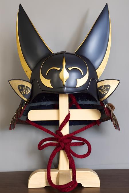 kabuto \(helmet\), simple background, no humans, samurai, (cat, cat ears:1.2), rope, helmet stand