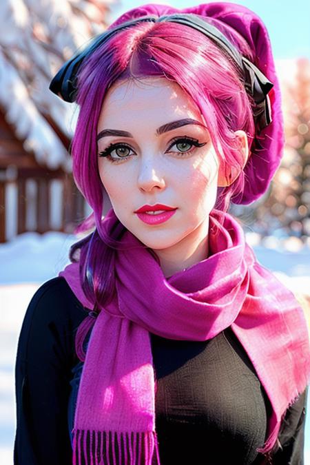 photo of a woman, tabootie:0.99, ((pink hair, ponytail):1.2) ((closeup, portrait):1.2), ((outdoors, snow):1.2), ((scarf, warm hat):1.2),((red lipstick, eyeliner,eye shadow, blush):1.2), ((best quality, masterpiece, extreme details, high resolution):1.2),((detailed eyes, beautiful eyes, detailed face, beautiful face):1.2)