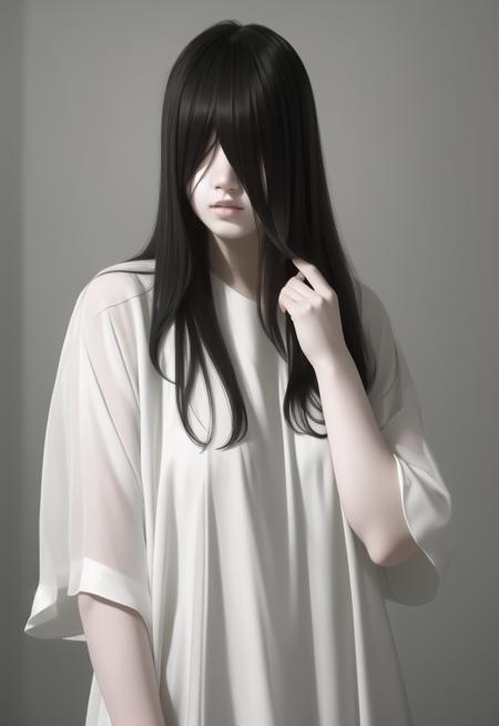 ((masterpiece)), (best quality), (absurdres), (photorealistic:1.4), black hair, yamamura_sadako, white dress, (grey skin), hair over eyes, eyes covered, <lora:sadako_v3:0.9>