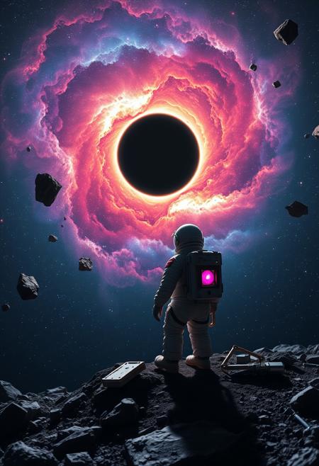 a stunning cosmic scene with a vibrant event horizon of a black hole at the center, surrounded by stars against the dark backdrop of space. In the foreground, there are floating rocks and debris. On a rocky surface in the lower part of the image, an astronaut with a pinkish glow around the helmet is looking towards the nebula. The astronaut is accompanied by various pieces of equipment and technology scattered around, indicating a mission or exploration scenario