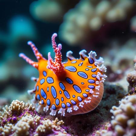 underwater high angle shot of close up of a colorful Nudibranch sea slug on a coral with a blurry background, underwater macro photography, a macro photograph, naturalism