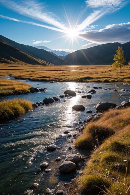RAW photo, Mongolia, delicate nature, wild nature, picturesque scenery, pristine vegetation, calm sky, majestic landscape, enchanting atmosphere, icy river, crystal water, sunlight illuminates the icy water, photorealistic, masterpiece, 64k, UHD, ultra detailed, vivid colors, high quality, sharp focus