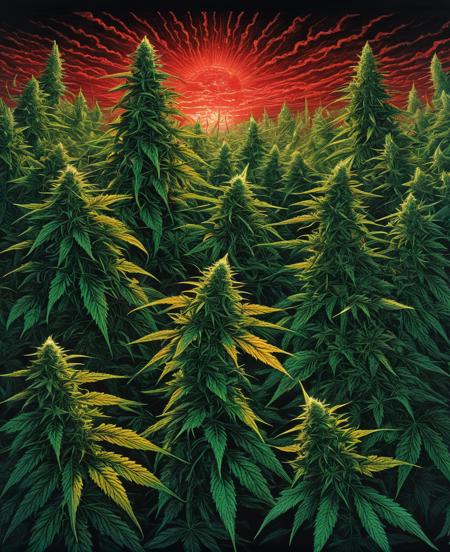 An almost endless field of marijuana, dark arts, highly detailed, bright red and green glow, centered on a black background, pen and ink, poster art, Marc Simonetti, Gustave Dore, Kim Jung Gi, detailed, intricate, ink illustration, magic glow, bioluminescent lighting, atmospheric, ominous, eerie, cinematic, Epic