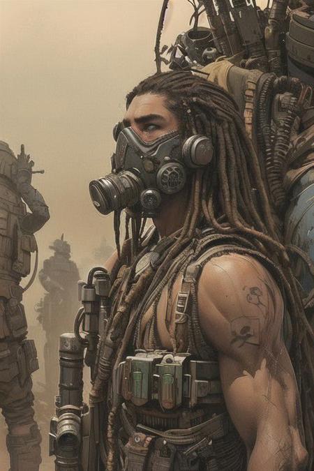 Midjourney aesthetics, 2d artwork, <lora:Scavengers:0.5>, upper body, a man on  watelands,  dreadlocks, gas mask, mech, dust, post apocalytic aesthetics, rusted heavy machinery on the background,  artistic approach,