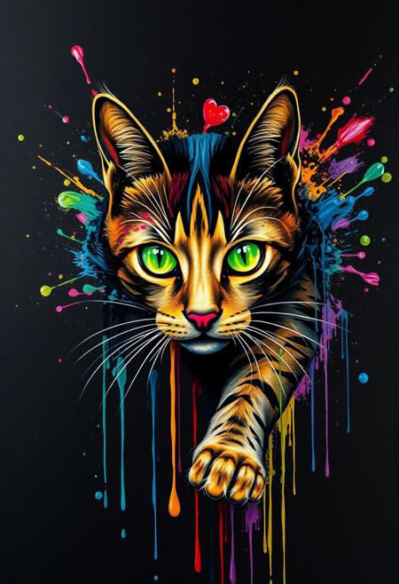 "Create a photorealistic image of a vibrant, dynamic splash of acrylic paint against a black wall. The paint forms the shape of a running cat, with bold, expressive brushstrokes and vivid colors. As the paint drips and runs down the wall, the cat's form becomes more defined, with intricate details and textures emerging. The cat's eyes are the focal point, rendered in stunning detail with sparkling, shining pupils and irises that seem to gleam with life. The eyes are a bright, piercing green, with delicate, swirling patterns that add depth and dimension. The surrounding paint splatters and drips are highly detailed, with visible texture and sheen, as if the paint is still wet and glistening. The overall effect is one of dynamic energy and movement, as if the cat is leaping off the wall." Highest-Quality, 4k, intricate details, visually stunning, Masterpiece
