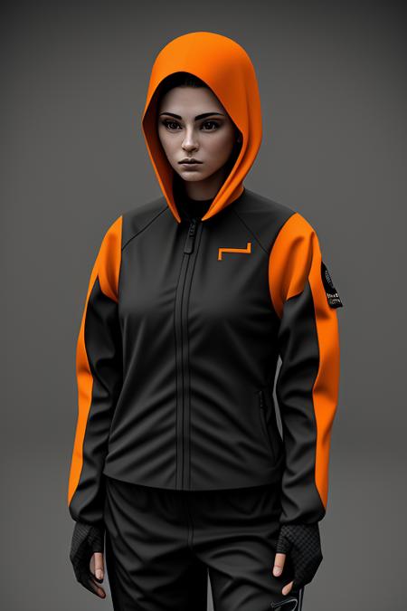 model shoot, a portrait of a woman,orange techwear costume