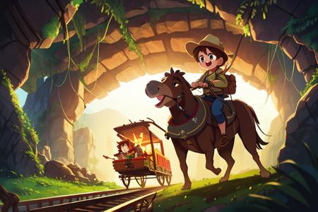 (best quality, high quality:1.3), cg, dramatic lighting, highly detailed, bokeh, 2girls, 1boy, height difference, Indiana Jones theme, riding a mining cart, train track, cave, torches, action adventure, dynamic pose