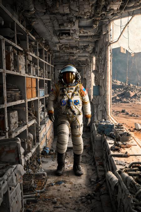 Russian cosmonaut exploring a dystopian wasteland, intricate, clutter, detailed,