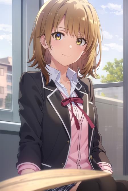 irohaisshiki, <lora:iroha isshiki s2s3-lora-nochekaiser:1>, 
iroha isshiki, short hair, brown hair, (brown eyes:1.5), smile,
BREAK skirt, shirt, ribbon, school uniform, jacket, white shirt, open clothes, socks, open jacket, black jacket, plaid, kneehighs, plaid skirt, blazer, cardigan, black socks, pink cardigan, sobu high school uniform,
BREAK indoors, classroom,
BREAK looking at viewer,
BREAK <lyco:GoodHands-beta2:1>, (masterpiece:1.2), best quality, high resolution, unity 8k wallpaper, (illustration:0.8), (beautiful detailed eyes:1.6), extremely detailed face, perfect lighting, extremely detailed CG, (perfect hands, perfect anatomy),