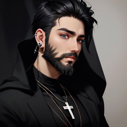 1boy, beard, black eyes, black hair, cross, cross earrings, cross necklace, earrings, facial hair, jewelry, male focus, necklace, piercing, realistic, solo, upper body