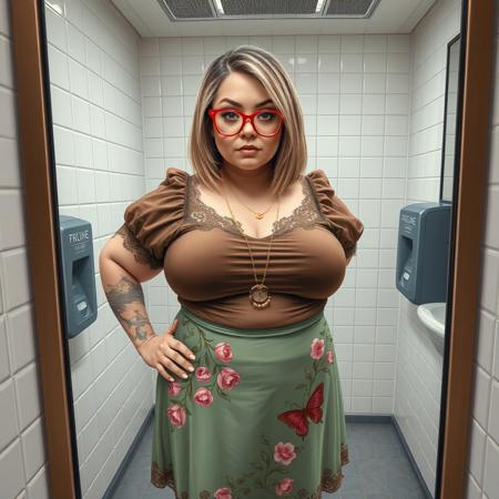 masterpiece portrait of chubby woman in a mirror selfie::1.4, realist digital style::1.2, contemporary portrait art::1.1,
(physical description: chubby build, blonde/light brown shoulder-length straight hair, visible tattoo on left forearm:1.1),
(facial features, expression: partially visible face, red/pink frame glasses, neutral expression with focus on mirror reflection:1.0),
(clothing details: brown short-sleeved blouse with puffed sleeves and lace/brocade detail, sage green midi-skirt with pink and green floral embroidery and sheer overlay, brown ballet flats:1.0),
(accessories: long gold necklace with a circular pendant, red/pink framed glasses:0.9),
(background setting: public restroom or bathroom, white tiled walls, grey and white checkered tile floor, mirror reflection includes sink and soap/paper towel dispenser:0.9),
(lighting style: cool fluorescent overhead lighting typical of restrooms:0.8),
(composition and camera framing: selfie-style mirror composition, subject centered in reflection with hand on hip:1.0),
(emotional tone or theme: casual, confident, body-positive everyday moment:0.9),
(technical execution: clean linework, soft textures on fabric and skin, reflective surfaces well-rendered in mirror:0.8)