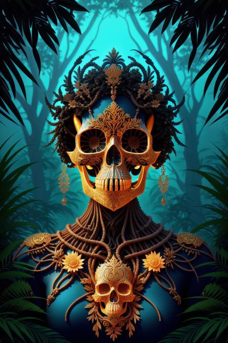 epoxy_skull, (illustration), (masterpiece), (best quality), (detailed), Sokana, Goddess of Nature, as she first revealed herself in the Bugunda Kingdom of the African Great Lakes region, ethereal and awe-inspiring, adorned with elements of nature and traditional African symbols, majestic posture, surrounded by lush vegetation and wildlife, vibrant color palette, golden hour lighting, high-resolution 8k digital painting, capturing the divine presence and reverence of the goddess <lora:epiNoiseoffset_v2:1> <lora:epoxy_skull:1>