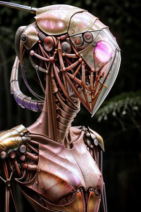 Beautiful portrait of a tall girl, ((long neck, slender arms)) (Mantis armor, insectoid shell, crab helmet, pink glowing) detailed background, intense expression, surging power, floating particles, reflections, darkness, epic atmosphere,