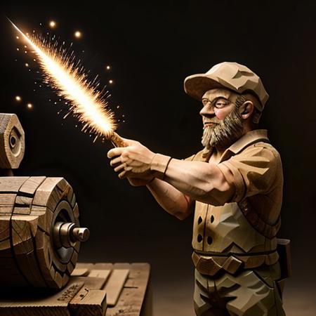 Wooden worker shooting lightning from his hands, 8k extreme detail, Outside, standing next to a metal machine, realistic, perfect, no mistakes,