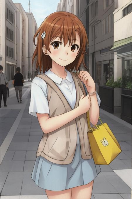 <lora:misaka_mikoto:0.65>1girl,solo, misaka_mikoto,  wearing casual clothes, best quality, shopping bag, street