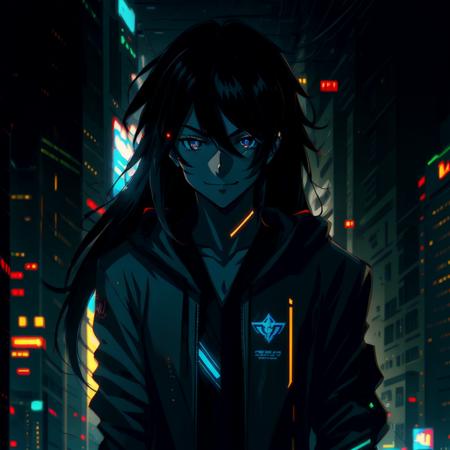 best quality, Cyberpunk, 1boy, anime film, black eyes, black long hair, smile, powerd suit