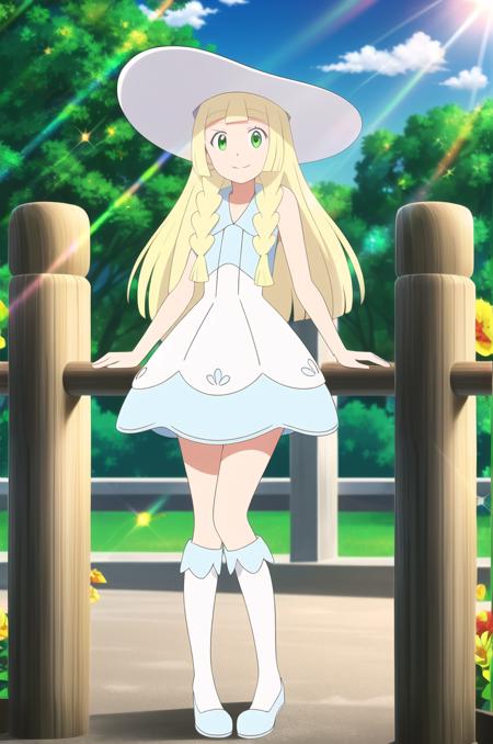 (masterpiece), high quality, detailed background, 1girl, solo,
<lora:PokemonLillie-v1-03:0.7>, ChopioLillie, blonde hair, long hair, blunt bangs, green eyes, (looking at viewer:1.3),
twin braids,
outfit_2, white dress, sleeveless dress, bare shoulders, white kneehighs, blue shoes,
sun hat, white headwear,
sunny, blue sky, clouds, trees, flowers, happy, smile, sun diffraction, lens flare, depth of field, blurry, blurry background, sparkles, standing,