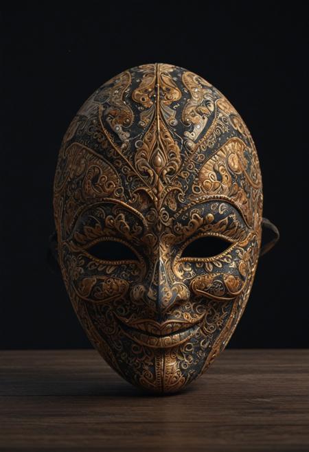 professional 3d model a mask made out of sheets of Batik Fabric on the table, facing viewer, smile, masterpiece, 8k, UHD  octane render, highly detailed, volumetric, dramatic lighting, black background
