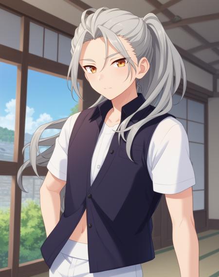 ran_nagisa_pony, grey hair, yellow eyes, very long hair, ponytail,