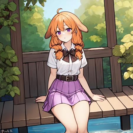 (masterpiece, best quality, floppy ears:1.4), paniel_head, paniel_ears, paniel_hairstyle, paniel_body, paniel_tail, 1girl, solo, white shirt, blonde orange hair, purple skirt, black bow, dark brown belts, boots, outdoors,  <lora:panielv1.2-000003:0.7>