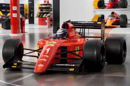 Photograph of the Ferrari 641 <lora:Ferrari 641 V1:0.75>, Formula 1 car, driver in car, race helmet, displayed in showroom, 8k, 4k, perfect lighting, high quality, masterpiece, 1990's, digital photograph, rich colors, retro, film grain, cool colors