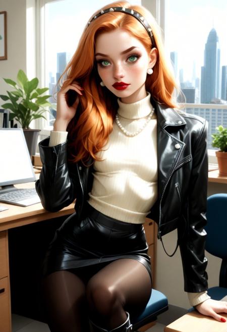 score_9, score_8_up, score_7_up, (best quality:1.1), detailed skin, beautiful, smooth edges, indoors, office, desks, skyscraper, sun coming in through big windows, pot plants, 1 girl, Sandy, very long straight ginger hair, perfect nose,  18 years old,  perfecteyes, green eyes, red lipstick, freckles, makeup, eye shadow, thick eyelashes, eyeliner, tiny breasts, skinny, red roll neck sweater, tight sweater, black micro skirt, pantyhose, suede knee high boots, pearl earrings, pearl necklace, black sparkly hairband, hand in hair, cream leather jacket