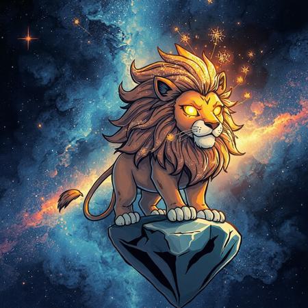 Special Ink-drawing mode, animeniji, Mh1$AgThS2, 2D flat anime, cartoon-style, intricate linework with expressive contrasts, soft lighting with dynamic highlights, WLOP, nistyle, in the style of ck-mgs,, A visually striking artwork of a celestial lion with a mane of shimmering stardust, standing atop a floating rock in deep space. Its golden eyes burn with cosmic energy, while nebulae and constellations swirl around it, creating a surreal and otherworldly ambiance.