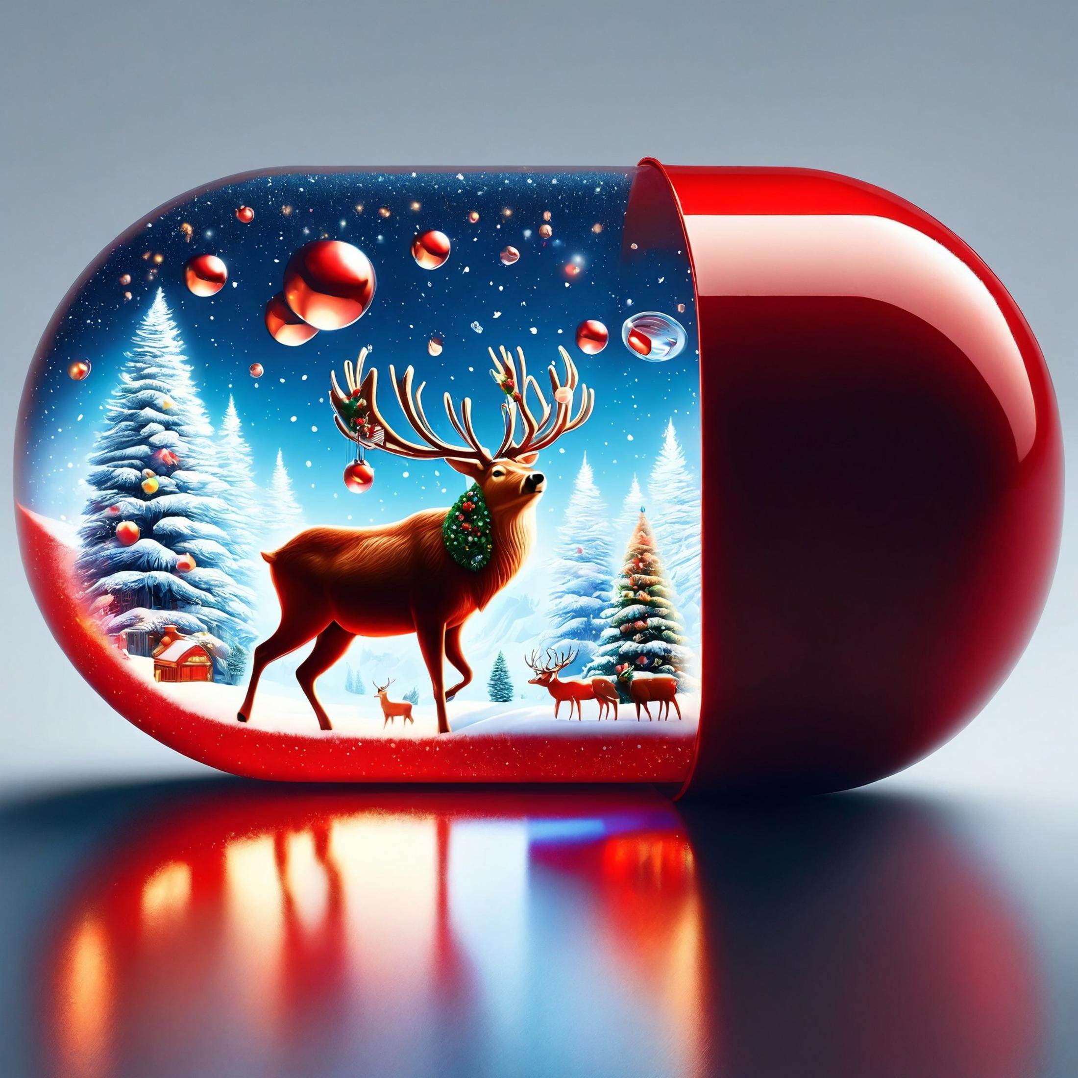A red pill bottle with a Christmas scene painted on it.