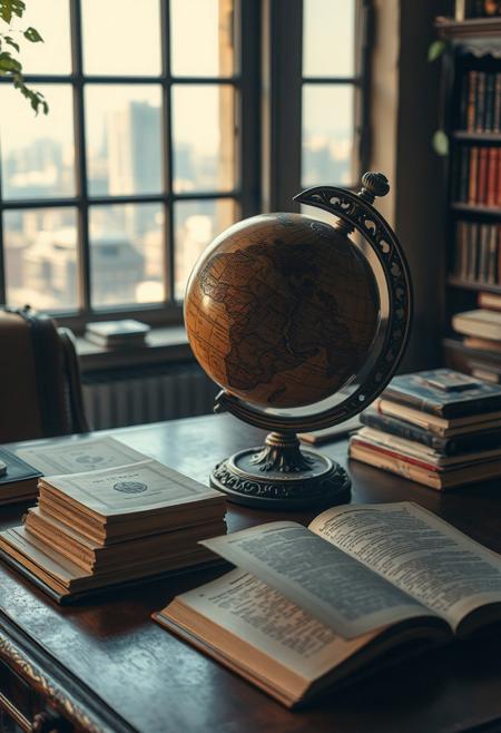 Intricately textured, cinematic, The antique globe, intricately carved with intricate designs and designs, spins slowly on a polished desk. The desk is cluttered with books and papers, and a stack of books lies open on the desk, waiting for its next adventure. The air is thick with the scent of old books and the sound of rustling leaves. The scene is set in a cozy study, with a large window overlooking a city skyline.