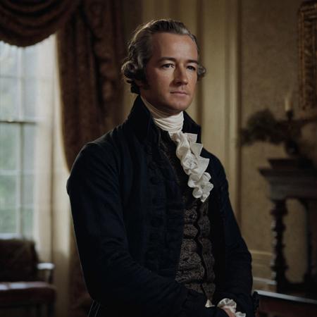 front shot, portrait photo of (( alexander hamilton)) , looks away, natural skin, skin moles, cozy interior, 17th century attire, (cinematic, film grain:1.1)