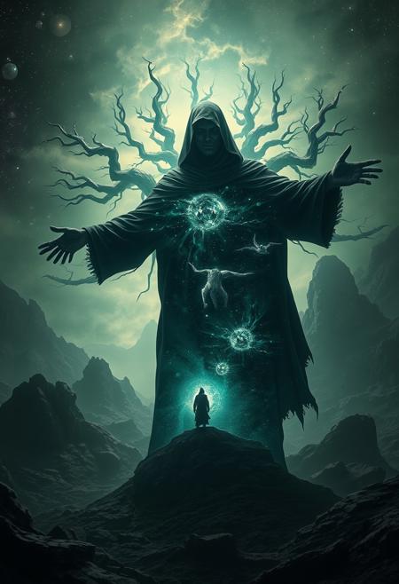 A universe inside a dark cloaked figure within mysterious landscape in an unfathomable realm of fantastic creation inhabited by ancient shadows of a forgotten time beyond the gate of the gateless gate where life is limitless, light is shadow and shadow is light, eerie sense, horror, spark of the beginning, existence and nonexistence at once, ethereal, outstretched arms, behold the end of the beginning, inglorious glory to the dark one, betrayal of the ancient order, beware the 7headed beast, destroyer of the old ways, bearer of the unbearable, nightmarish, archaic runes, tree aging backwards, breath of the gods, ruins of a place unimagined, extreme intricate detail, photorealistic, beyond epic scene, fate discarded, unseeable face of god, the end is the beginning, the beginning is the end, man arises as god dies, as above so below, as below so above, emerald tablet, thoth, guardian and saboteur of existence, hopeless hope, ghosts of the unborn, conception of the inconceivable, cosmic well of imperceptible perception, evil aura, infinite emptiness, pillars of void, overwhelming subtlety, abstract sacred geometry, beams of readiness without intention