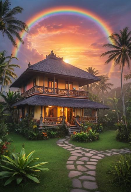 The sun has risen and is casting its light on the a wonderful Bali landscape, a picturesque ocean, at the beach there are a lots of Palm trees, at the beachside, there is a little old  cottage house, lovely fantasy, sunrise, romantic colors,   I return with the same fervor as before, my soul as joyful as ever, eager to serve you. Joy surrounds me from every corner. A rich and complex oil painting of sounds, a living tapestry woven from the hues and textures captured by a digital mirrorless camera. This melody creates an enchanting and haunting shot world full of intricate details that invite you to listen and discover, masterpiece, best quality, double exposure, realistic, whimsical, fantastic, splash art, intricate detailed, hyperdetailed, maximalist style, psychedelic, post-apocalyptic, photorealistic, concept art, sharp focus, harmony, serenity, tranquility, morning sky, surrounding Rainb0w M0rph clouds, mysterious glow, perfectly round sun,
ambient occlusion, halation, cozy ambient lighting, dynamic lighting, double exposure, mentixis, metix, linquivera, liiv1, award winning, BadDream, ais-lineart <lora:xl_more_art-full_v1:0.45> <lora:Instant_landscaper_XL:0.35> <lora:add-detail-xl:0.65>